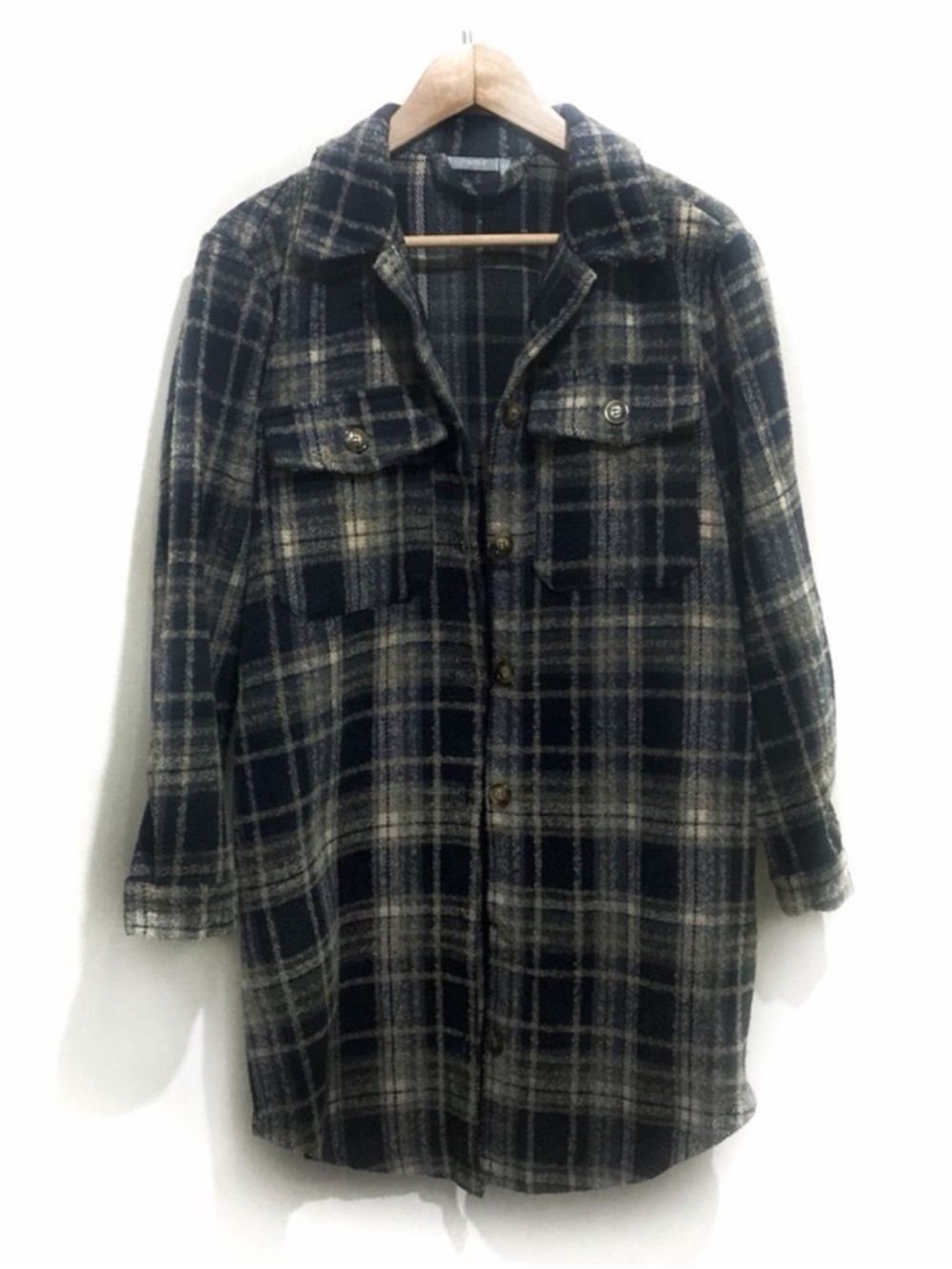 Fransa Wool Plaid Shacket Size Medium Navy + Tan